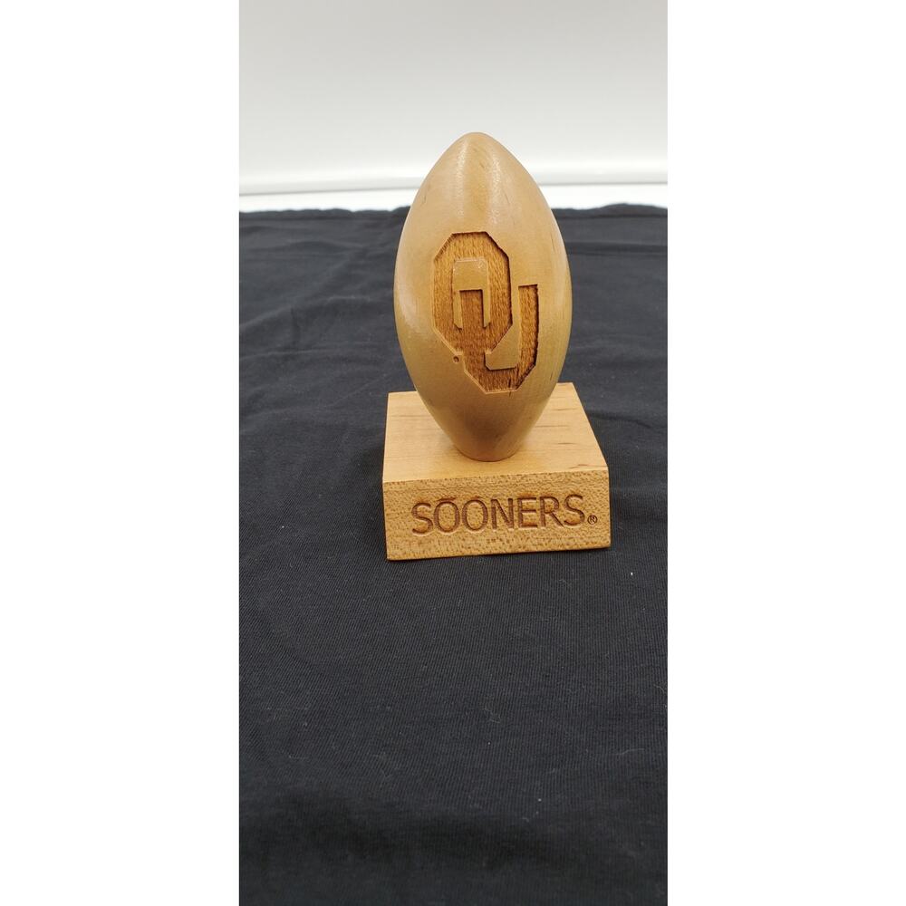 Oklahoma Sooners Laser Engraved Wood Football Figurine PRE-OWNED